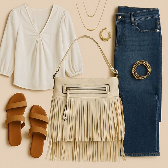 Boutique Neutral Fringe Crossbody – Boho-Inspired Bag-APT.9 - Picture 1 of 10